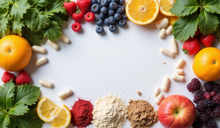 Imagine cu suplimente nutritive și fructe proaspete
