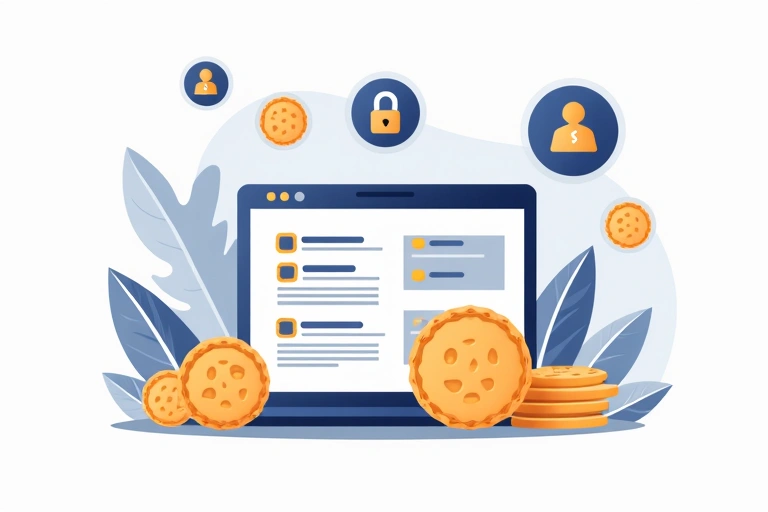 Ilustrație cu simboluri de cookie-uri și confidențialitate online